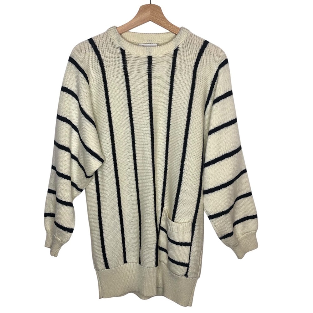 VINTAGE 80s Partners by Mervyns Cream Black Stripe Crewneck Tunic Sweater Medium